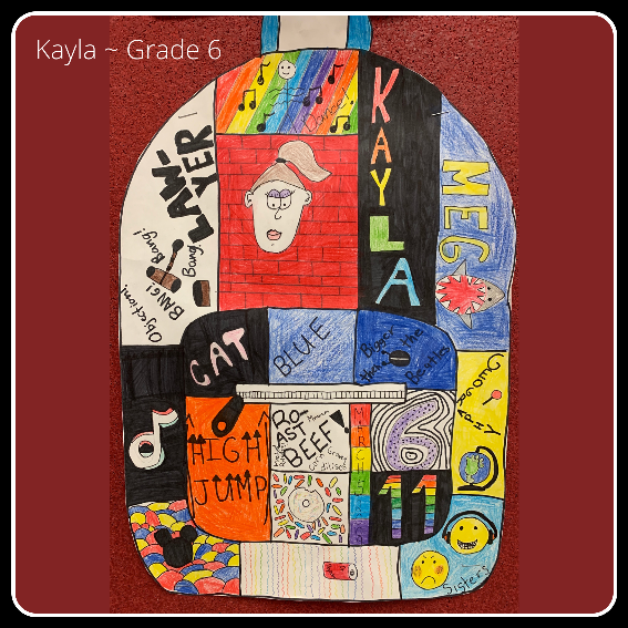 backpack filled with personal artifacts and designs